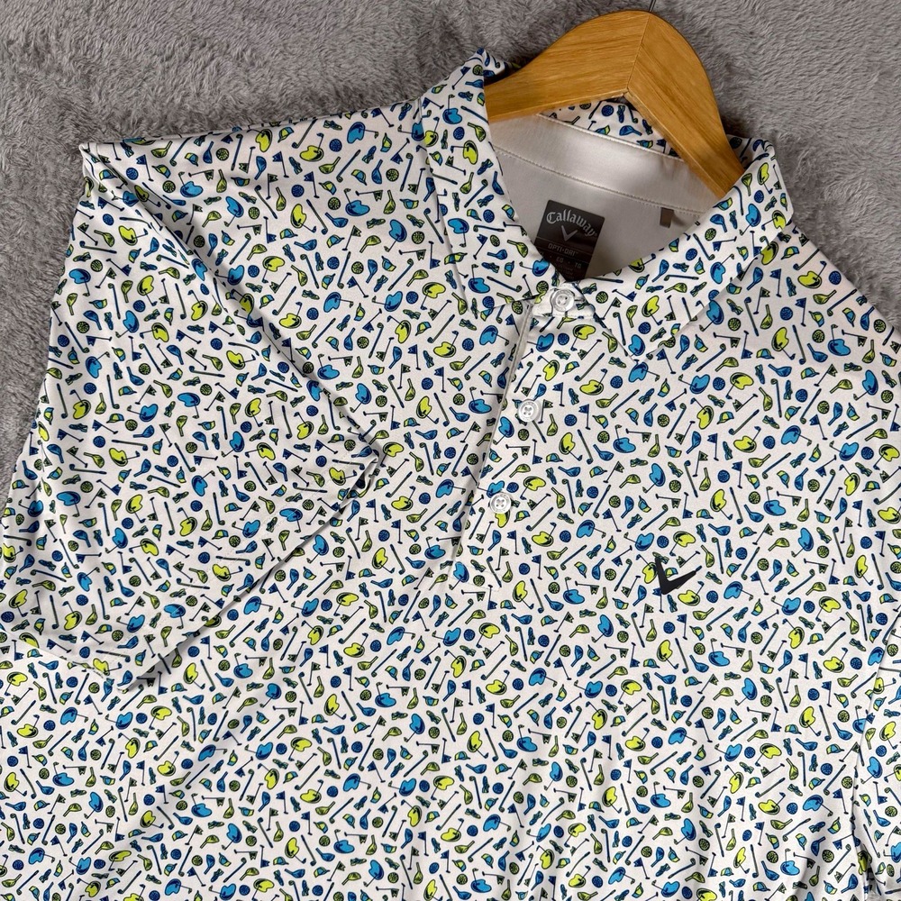 Callaway Opti-Dri Mens XL White Blue Green Graphic Print Stretch Golf Polo SS